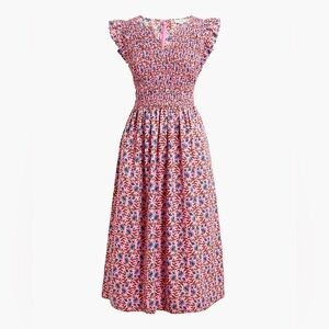J. Crew Smocked Flutter-Sleeve Midi Dress, Pink Florals, Size 2X
